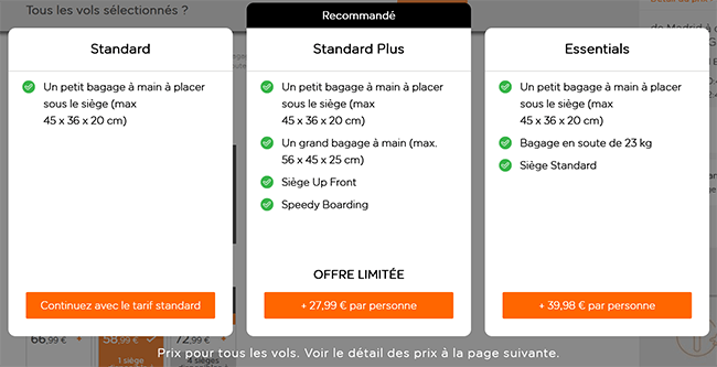 exemple formules easyjet avec bagages soute et cabine